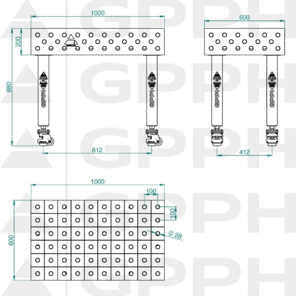 Stół Spawalniczy PLUS INOX Rozmiar - 1000x600mm, Siatka - 100x100mm, System - Φ28, Nogi - Na kołach - rysunek techniczny