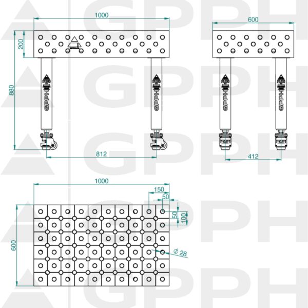 Stół Spawalniczy PLUS INOX Rozmiar - 1000x600mm, Siatka - DIAGONALNA, System - Φ28, Nogi - Na kołach - rysunek techniczny