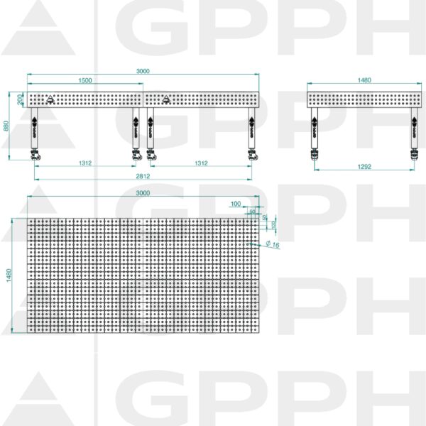 Stół Spawalniczy PLUS Rozmiar - 3000x1480mm, Siatka - 50x50mm, System - Φ16, Nogi - Na kołach - rysunek techniczny