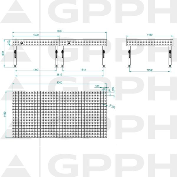 Stół Spawalniczy PLUS Rozmiar - 3000x1480mm, Siatka - 50x50mm, System - Φ16, Nogi - Na stopach - rysunek techniczny