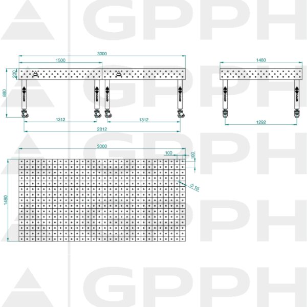 Stół Spawalniczy PLUS Rozmiar - 3000x1480mm, Siatka - 100x100mm, System - Φ16, Nogi - Na kołach - rysunek techniczny
