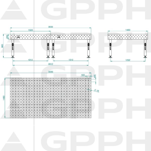 Stół Spawalniczy PLUS Rozmiar - 3000x1480mm, Siatka - 100x100mm, System - Φ16, Nogi - Na stopach - rysunek techniczny