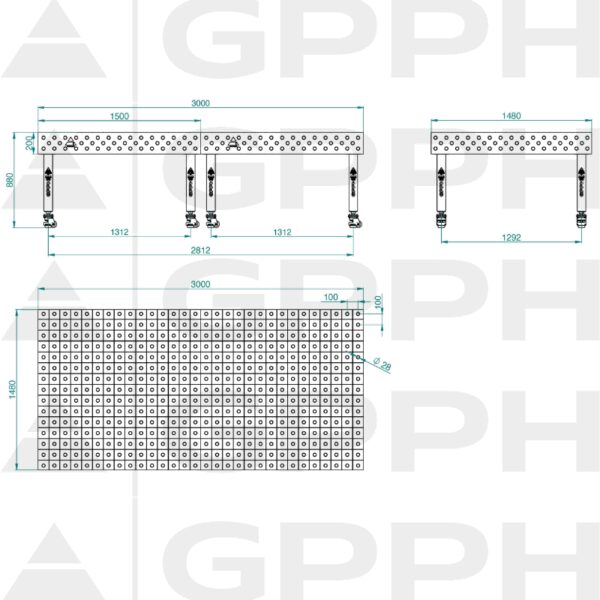 Stół Spawalniczy PLUS Rozmiar - 3000x1480mm, Siatka - 100x100mm, System - Φ28, Nogi - Na kołach - rysunek techniczny
