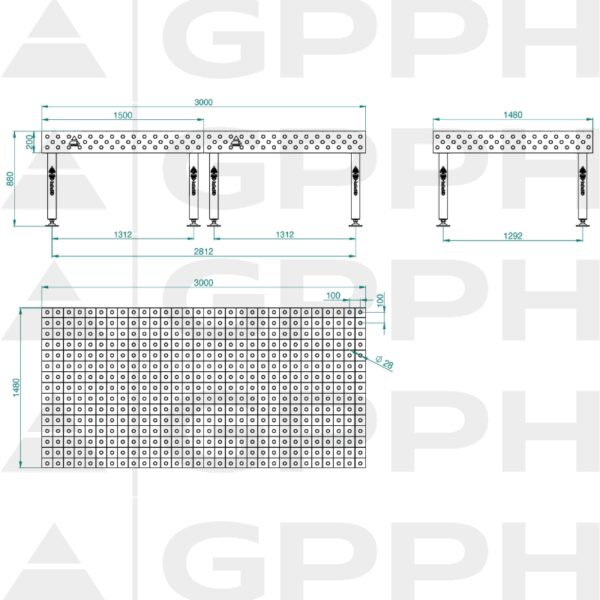 Stół Spawalniczy PLUS Rozmiar - 3000x1480mm, Siatka - 100x100mm, System - Φ28, Nogi - Na stopach - rysunek techniczny