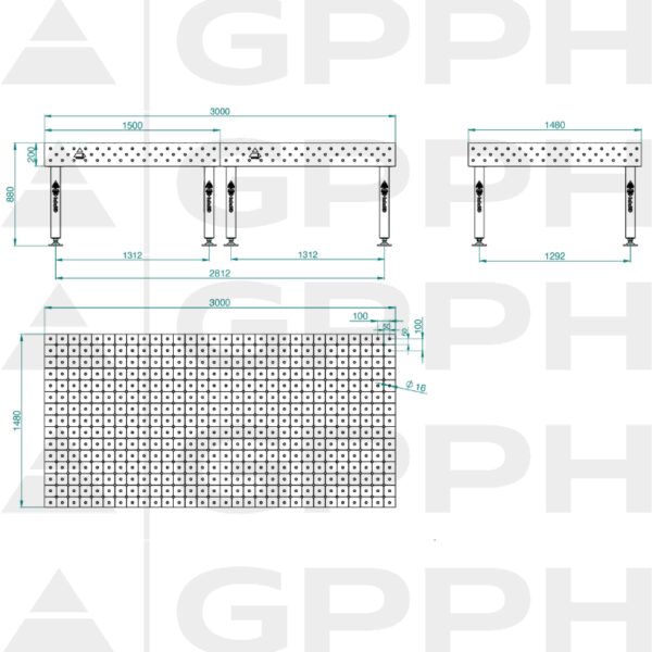 Stół Spawalniczy PLUS Rozmiar - 3000x1480mm, Siatka - DIAGONALNA, System - Φ16, Nogi - Na stopach - rysunek techniczny