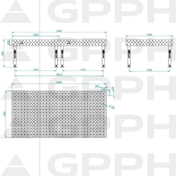 Stół Spawalniczy PLUS Rozmiar - 3000x1480mm, Siatka - DIAGONALNA, System - Φ28, Nogi - Na stopach - rysunek techniczny