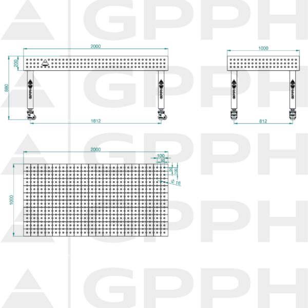 Stół Spawalniczy PLUS Rozmiar - 2000x1000mm, Siatka - 50x50mm, System - Φ16, Nogi - Na kołach - rysunek techniczny