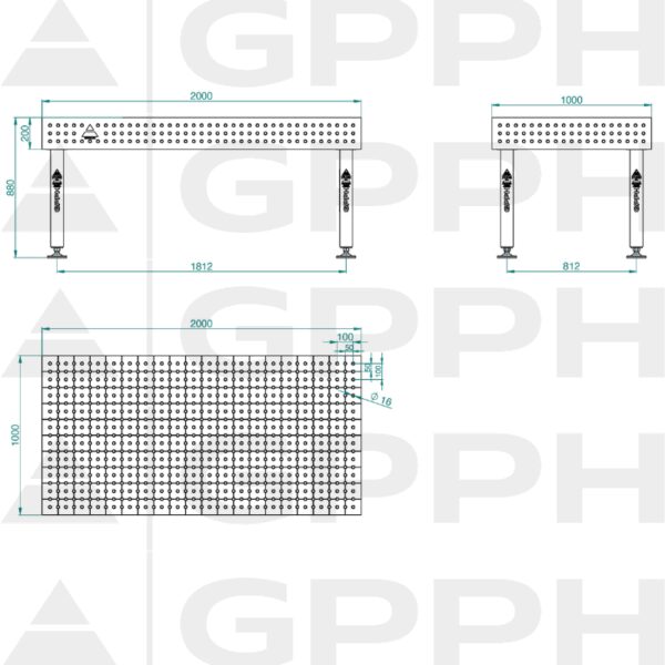 Stół Spawalniczy PLUS Rozmiar - 2000x1000mm, Siatka - 50x50mm, System - Φ16, Nogi - Na stopach - rysunek techniczny