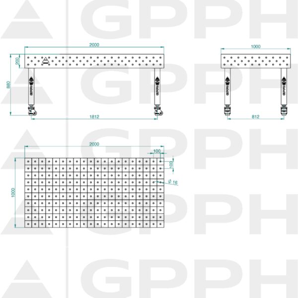 Stół Spawalniczy PLUS Rozmiar - 2000x1000mm, Siatka - 100x100mm, System - Φ16, Nogi - Na kołach - rysunek techniczny