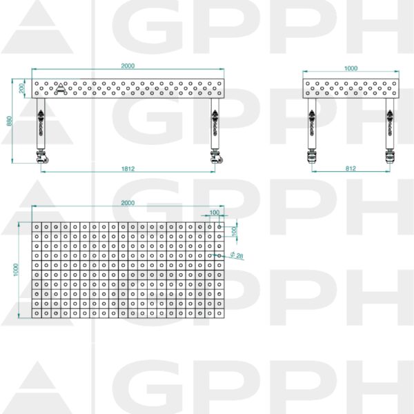 Stół Spawalniczy PLUS Rozmiar - 2000x1000mm, Siatka - 100x100mm, System - Φ28, Nogi - Na kołach - rysunek techniczny