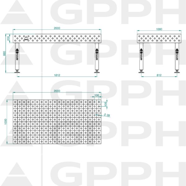 Stół Spawalniczy PLUS Rozmiar - 2000x1000mm, Siatka - 100x100mm, System - Φ28, Nogi - Na stopach - rysunek techniczny