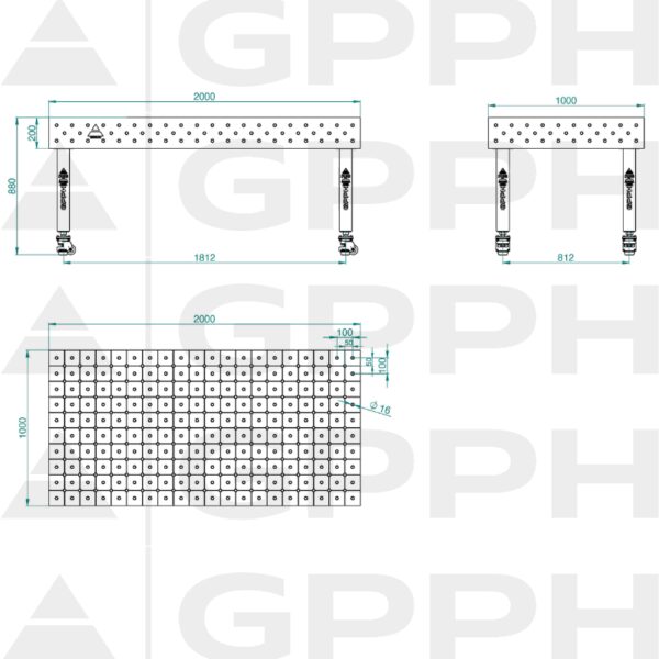 Stół Spawalniczy PLUS Rozmiar - 2000x1000mm, Siatka - DIAGONALNA, System - Φ16, Nogi - Na kołach - rysunek techniczny