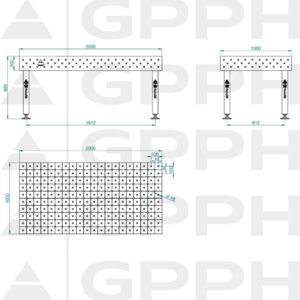 Stół Spawalniczy PLUS Rozmiar - 2000x1000mm, Siatka - DIAGONALNA, System - Φ16, Nogi - Na stopach - rysunek techniczny