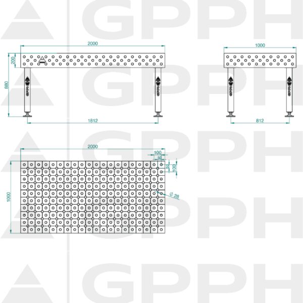 Stół Spawalniczy PLUS Rozmiar - 2000x1000mm, Siatka - DIAGONALNA, System - Φ28, Nogi - Na stopach - rysunek techniczny