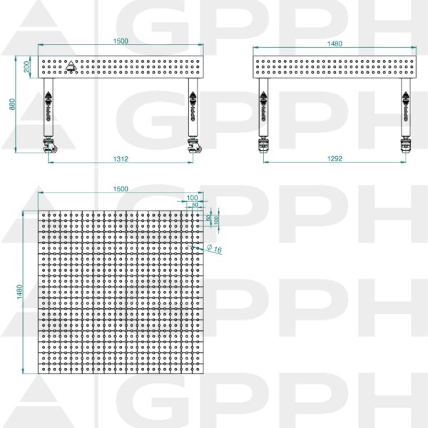 Stół Spawalniczy PLUS Rozmiar - 1500x1480mm, Siatka - 50x50mm, System - Φ16, Nogi - Na kołach - rysunek techniczny