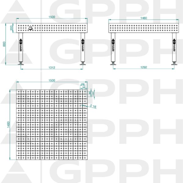 Stół Spawalniczy PLUS Rozmiar - 1500x1480mm, Siatka - 50x50mm, System - Φ16, Nogi - Na stopach - rysunek techniczny