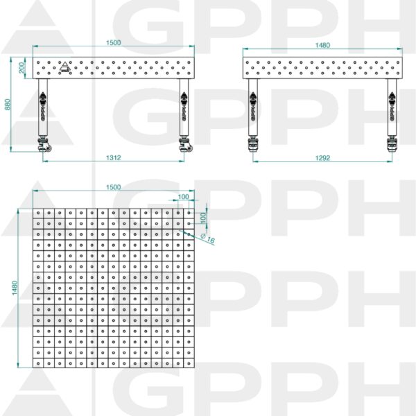 Stół Spawalniczy PLUS Rozmiar - 1500x1480mm, Siatka - 100x100mm, System - Φ16, Nogi - Na kołach - rysunek techniczny