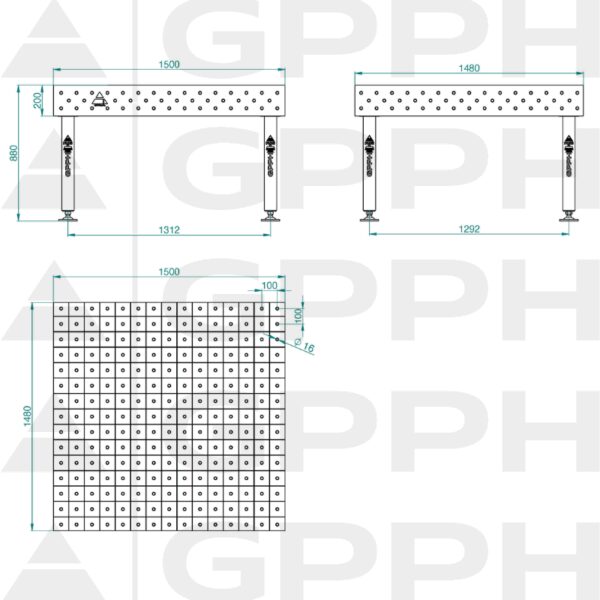 Stół Spawalniczy PLUS Rozmiar - 1500x1480mm, Siatka - 100x100mm, System - Φ16, Nogi - Na stopach - rysunek techniczny