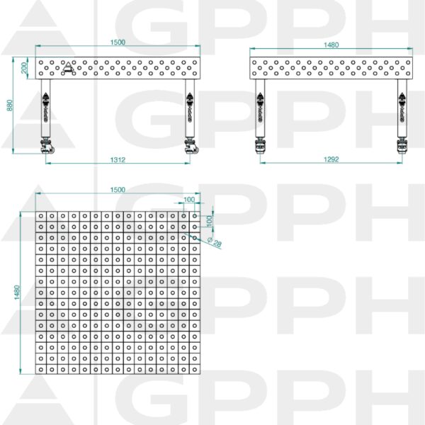 Stół Spawalniczy PLUS Rozmiar - 1500x1480mm, Siatka - 100x100mm, System - Φ28, Nogi - Na kołach - rysunek techniczny