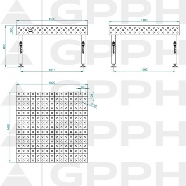 Stół Spawalniczy PLUS Rozmiar - 1500x1480mm, Siatka - 100x100mm, System - Φ28, Nogi - Na stopach - rysunek techniczny
