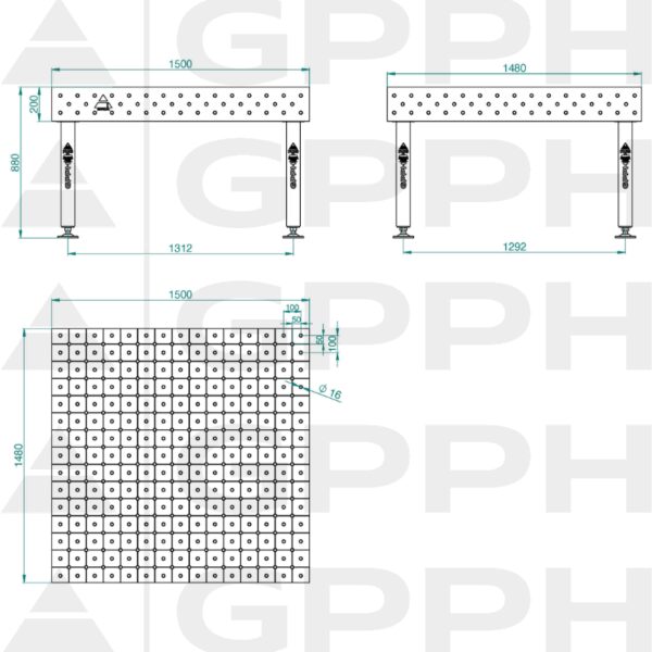 Stół Spawalniczy PLUS Rozmiar - 1500x1480mm, Siatka - DIAGONALNA, System - Φ16, Nogi - Na stopach - rysunek techniczny