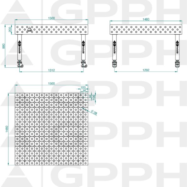 Stół Spawalniczy PLUS Rozmiar - 1500x1480mm, Siatka - DIAGONALNA, System - Φ28, Nogi - Na kołach - rysunek techniczny