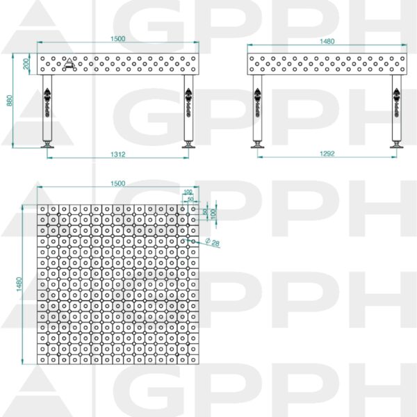 Stół Spawalniczy PLUS Rozmiar - 1500x1480mm, Siatka - DIAGONALNA, System - Φ28, Nogi - Na stopach - rysunek techniczny