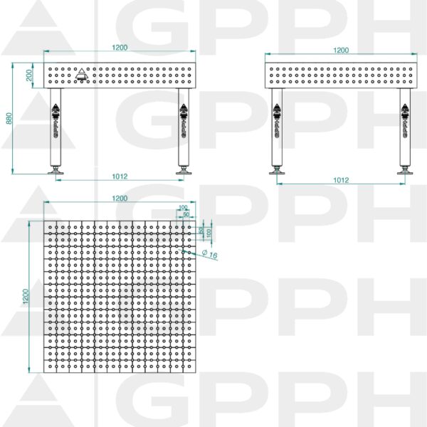 Stół Spawalniczy PLUS Rozmiar - 1200x1200mm, Siatka - 50x50mm, System - Φ16, Nogi - Na stopach - rysunek techniczny