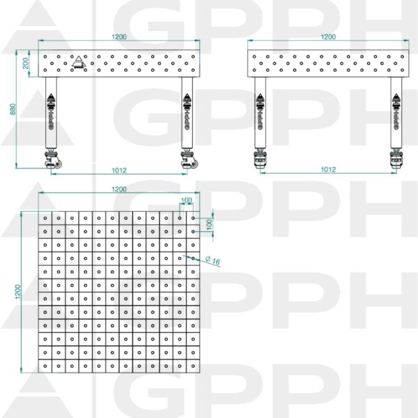 Stół Spawalniczy PLUS Rozmiar - 1200x1200mm, Siatka - 100x100mm, System - Φ16, Nogi - Na kołach - rysunek techniczny
