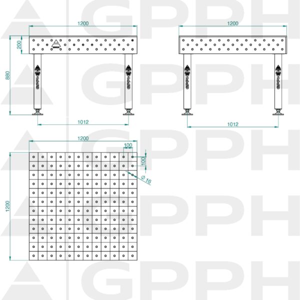 Stół Spawalniczy PLUS Rozmiar - 1200x1200mm, Siatka - 100x100mm, System - Φ16, Nogi - Na stopach - rysunek techniczny