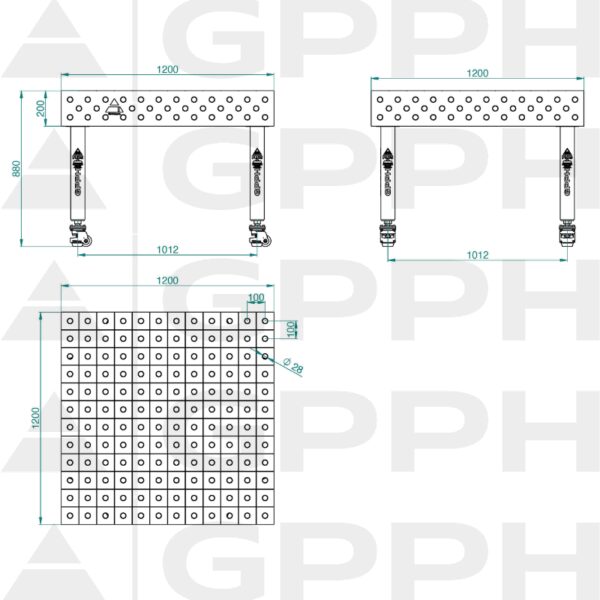 Stół Spawalniczy PLUS Rozmiar - 1200x1200mm, Siatka - 100x100mm, System - Φ28, Nogi - Na kołach - rysunek techniczny