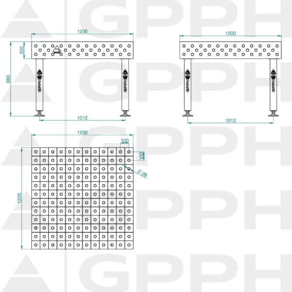 Stół Spawalniczy PLUS Rozmiar - 1200x1200mm, Siatka - 100x100mm, System - Φ28, Nogi - Na stopach - rysunek techniczny