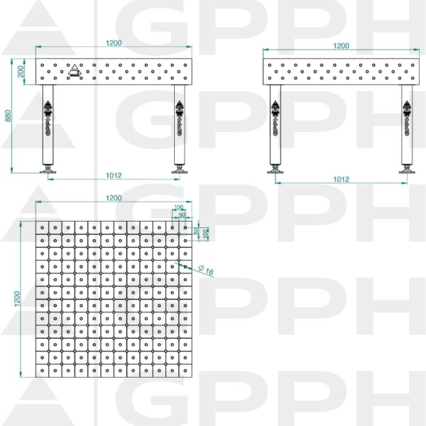 Stół Spawalniczy PLUS Rozmiar - 1200x1200mm, Siatka - DIAGONALNA, System - Φ16, Nogi - Na stopach - rysunek techniczny