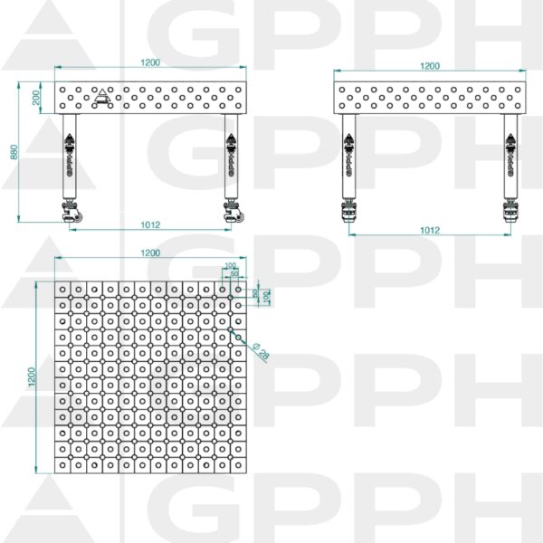 Stół Spawalniczy PLUS Rozmiar - 1200x1200mm, Siatka - DIAGONALNA, System - Φ28, Nogi - Na kołach - rysunek techniczny