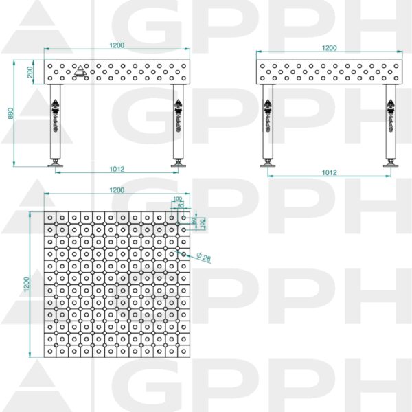 Stół Spawalniczy PLUS Rozmiar - 1200x1200mm, Siatka - DIAGONALNA, System - Φ28, Nogi - Na stopach - rysunek techniczny