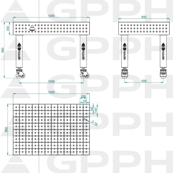 Stół Spawalniczy PLUS Rozmiar - 1200x800mm, Siatka - 50x50mm, System - Φ16, Nogi - Na kołach - rysunek techniczny
