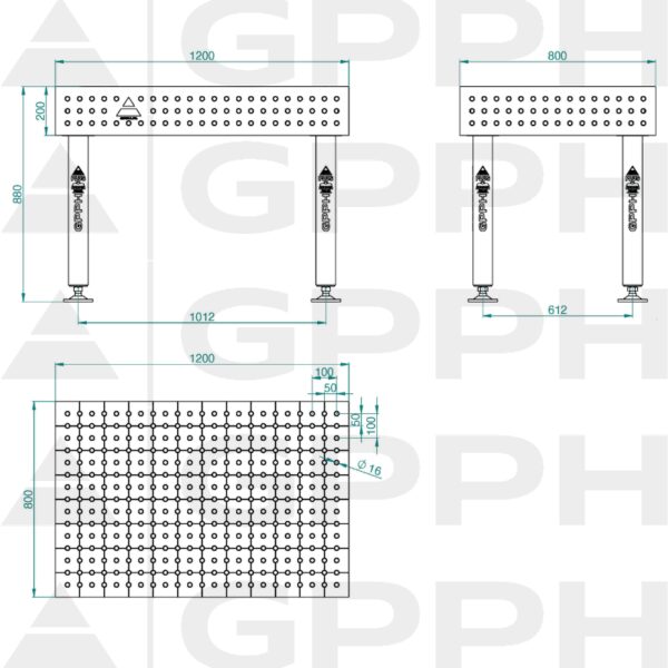 Stół Spawalniczy PLUS Rozmiar - 1200x800mm, Siatka - 50x50mm, System - Φ16, Nogi - Na stopach - rysunek techniczny
