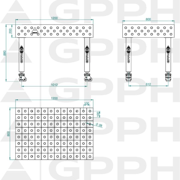 Stół Spawalniczy PLUS Rozmiar - 1200x800mm, Siatka - 100x100mm, System - Φ28, Nogi - Na kołach - rysunek techniczny
