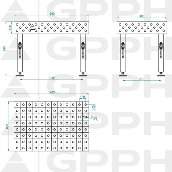 Stół Spawalniczy PLUS Rozmiar - 1200x800mm, Siatka - 100x100mm, System - Φ28, Nogi - Na stopach - rysunek techniczny