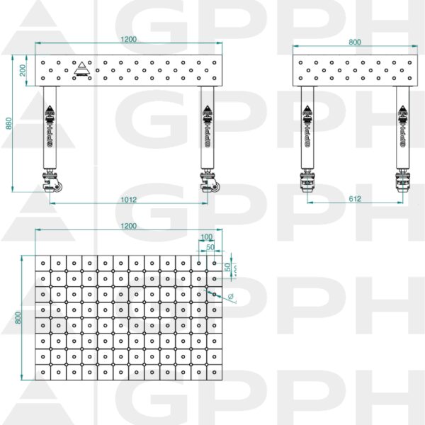 Stół Spawalniczy PLUS Rozmiar - 1200x800mm, Siatka - DIAGONALNA, System - Φ16, Nogi - Na kołach - rysunek techniczny