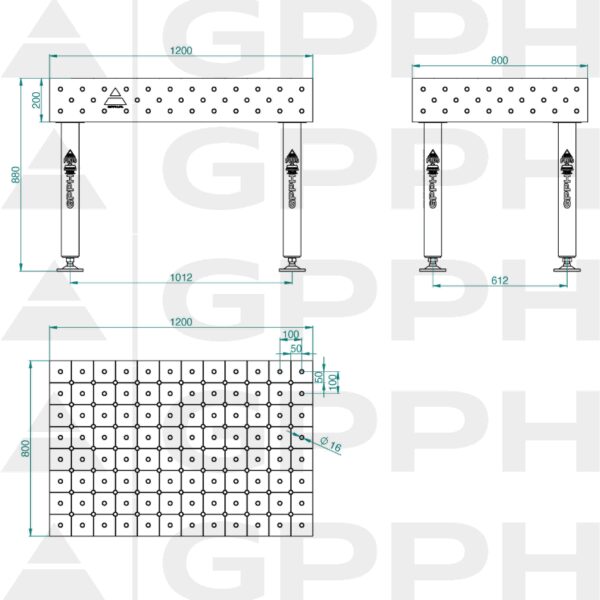 Stół Spawalniczy PLUS Rozmiar - 1200x800mm, Siatka - DIAGONALNA, System - Φ16, Nogi - Na stopach - rysunek techniczny