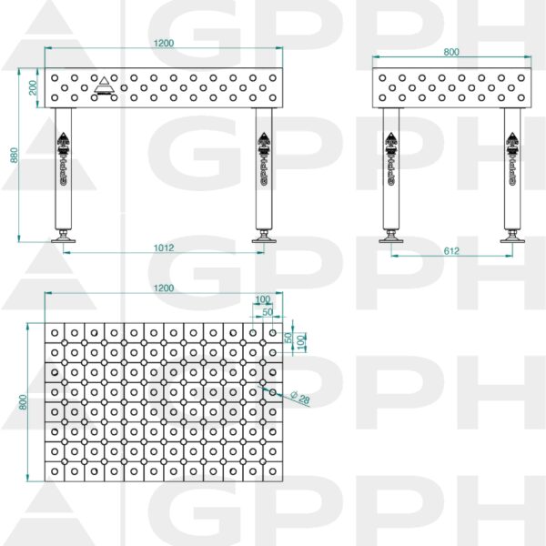 Stół Spawalniczy PLUS Rozmiar - 1200x800mm, Siatka - DIAGONALNA, System - Φ28, Nogi - Na stopach - rysunek techniczny