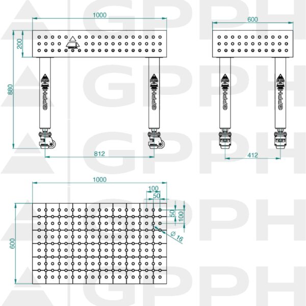 Stół Spawalniczy PLUS Rozmiar - 1000x600mm, Siatka - 50x50mm, System - Φ16, Nogi - Na kołach - rysunek techniczny
