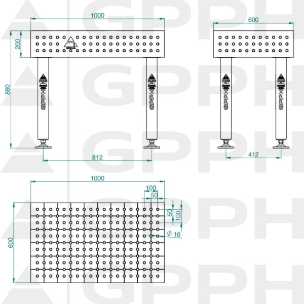 Stół Spawalniczy PLUS Rozmiar - 1000x600mm, Siatka - 50x50mm, System - Φ16, Nogi - Na stopach - rysunek techniczny