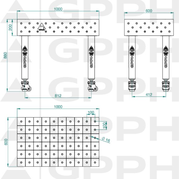 Stół Spawalniczy PLUS Rozmiar - 1000x600mm, Siatka - 100x100mm, System - Φ16, Nogi - Na kołach - rysunek techniczny