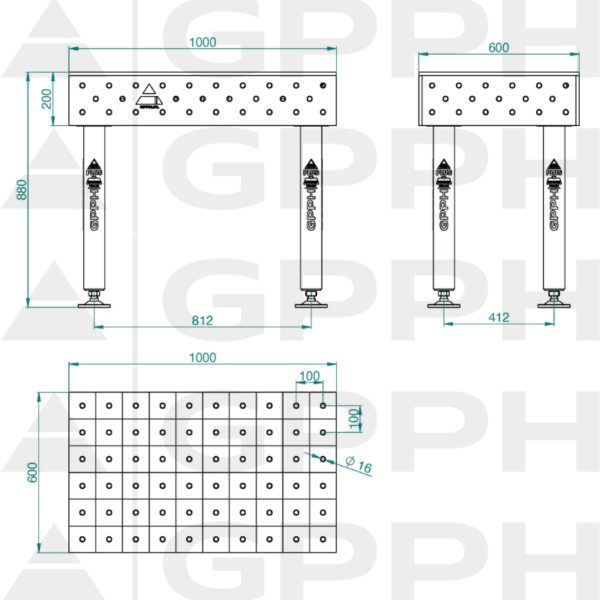 Stół Spawalniczy PLUS Rozmiar - 1000x600mm, Siatka - 100x100mm, System - Φ16, Nogi - Na stopach - rysunek techniczny