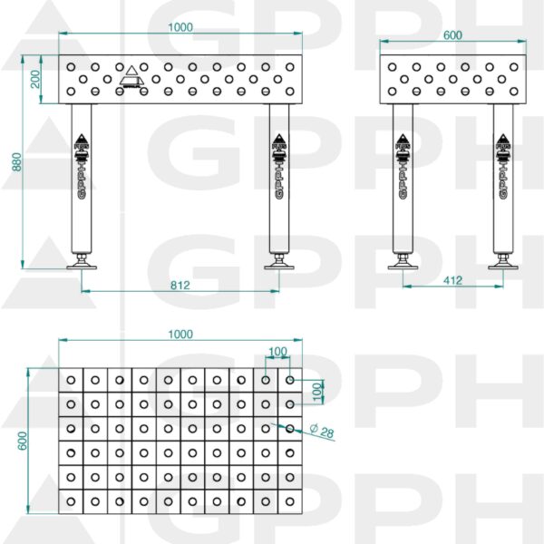 Stół Spawalniczy PLUS Rozmiar - 1000x600mm, Siatka - 100x100mm, System - Φ28, Nogi - Na stopach - rysunek techniczny