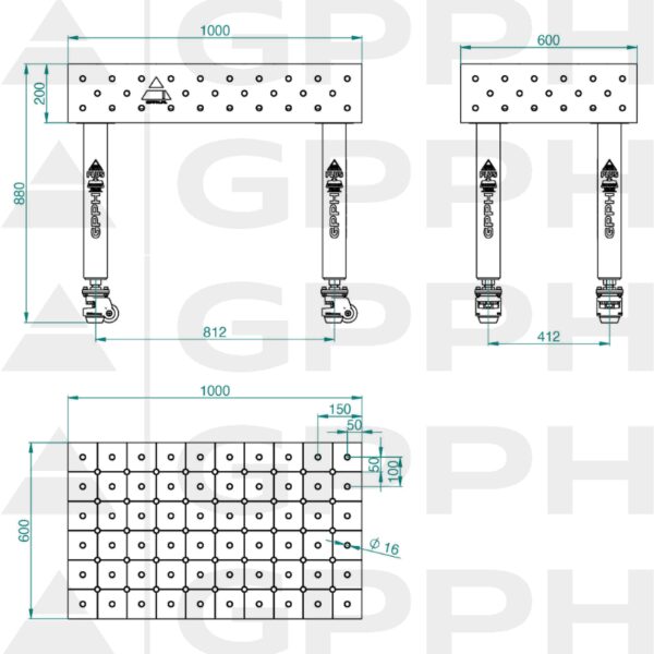 Stół Spawalniczy PLUS Rozmiar - 1000x600mm, Siatka - DIAGONALNA, System - Φ16, Nogi - Na kołach - rysunek techniczny