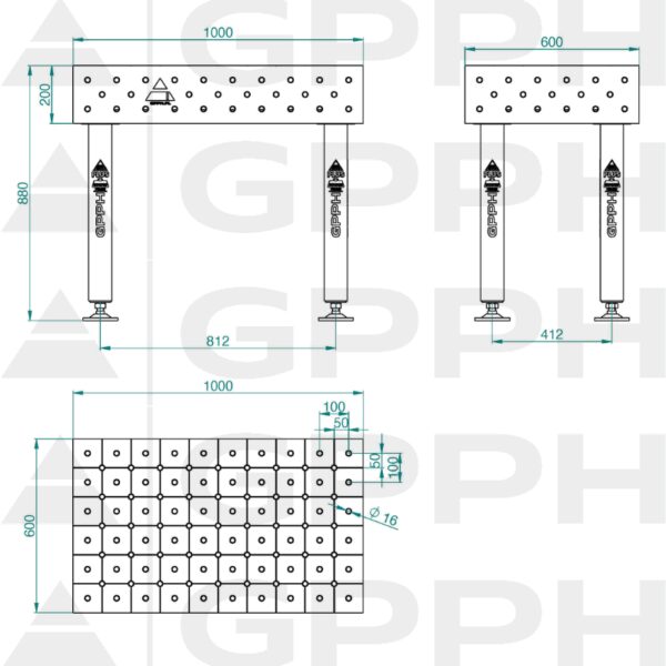 Stół Spawalniczy PLUS Rozmiar - 1000x600mm, Siatka - DIAGONALNA, System - Φ16, Nogi - Na stopach - rysunek techniczny