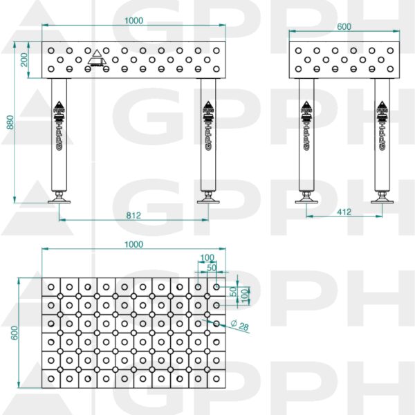 Stół Spawalniczy PLUS Rozmiar - 1000x600mm, Siatka - DIAGONALNA, System - Φ28, Nogi - Na stopach - rysunek techniczny